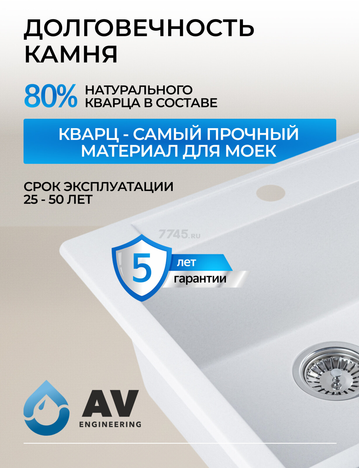 Мойка из искусственного камня AV ENGINEERING Unit белый (AVE550500WTA) - Фото 6