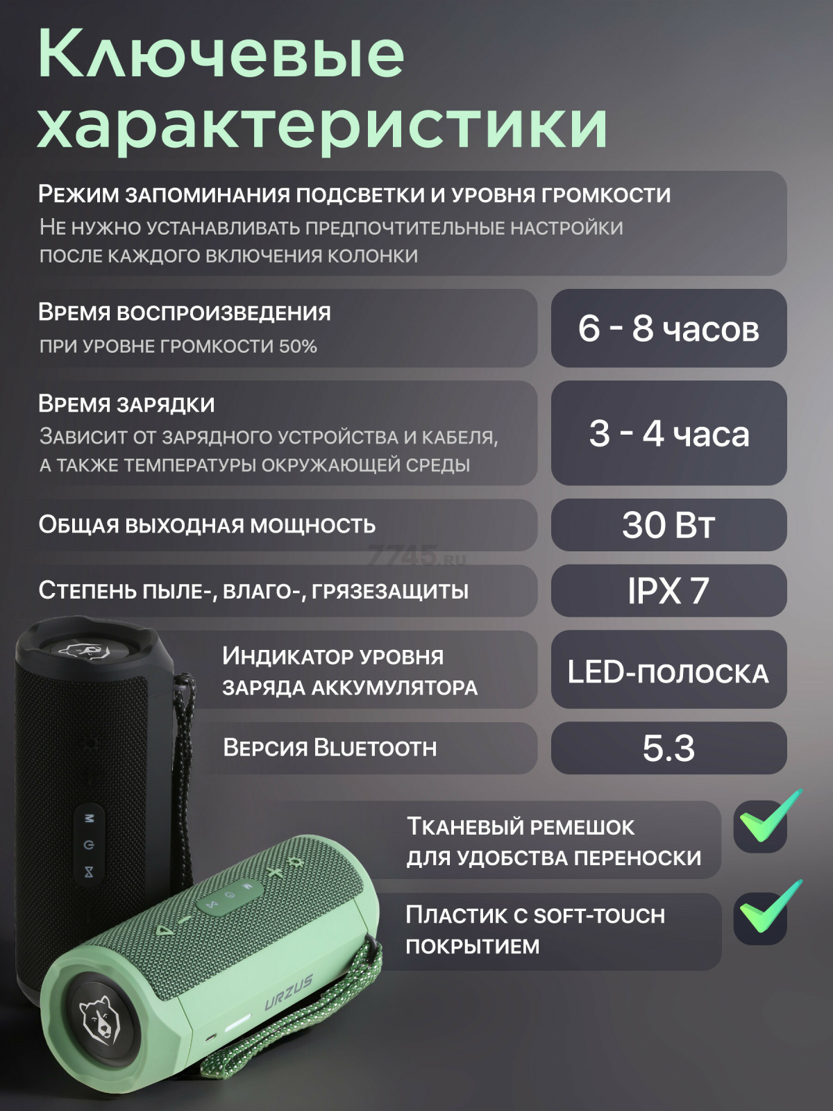 Колонка портативная беспроводная URZUS Riff Green (UR-541111) - Фото 7