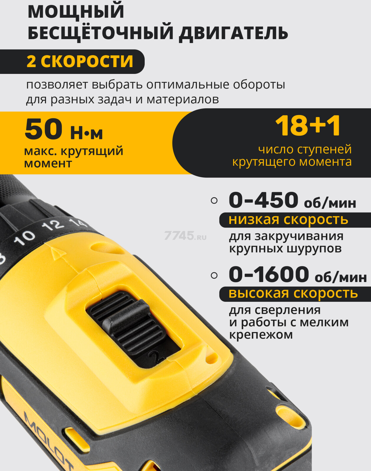 Дрель-шуруповерт аккумуляторная MOLOT MBD 1820 Li XLT Lite SET (1335569) - Фото 2