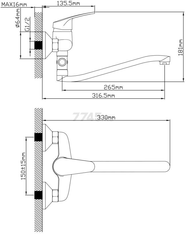 Смеситель для ванны AV ENGINEERING Rom (AVROM7-A102-221) - Фото 2