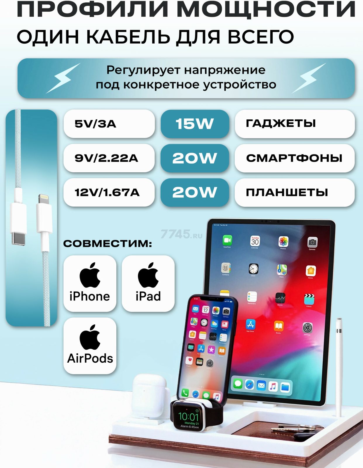 Кабель USB KEIZEN KZ-5289104, Type-C - Lightning, PD20W, 1 м, голубой - Фото 3