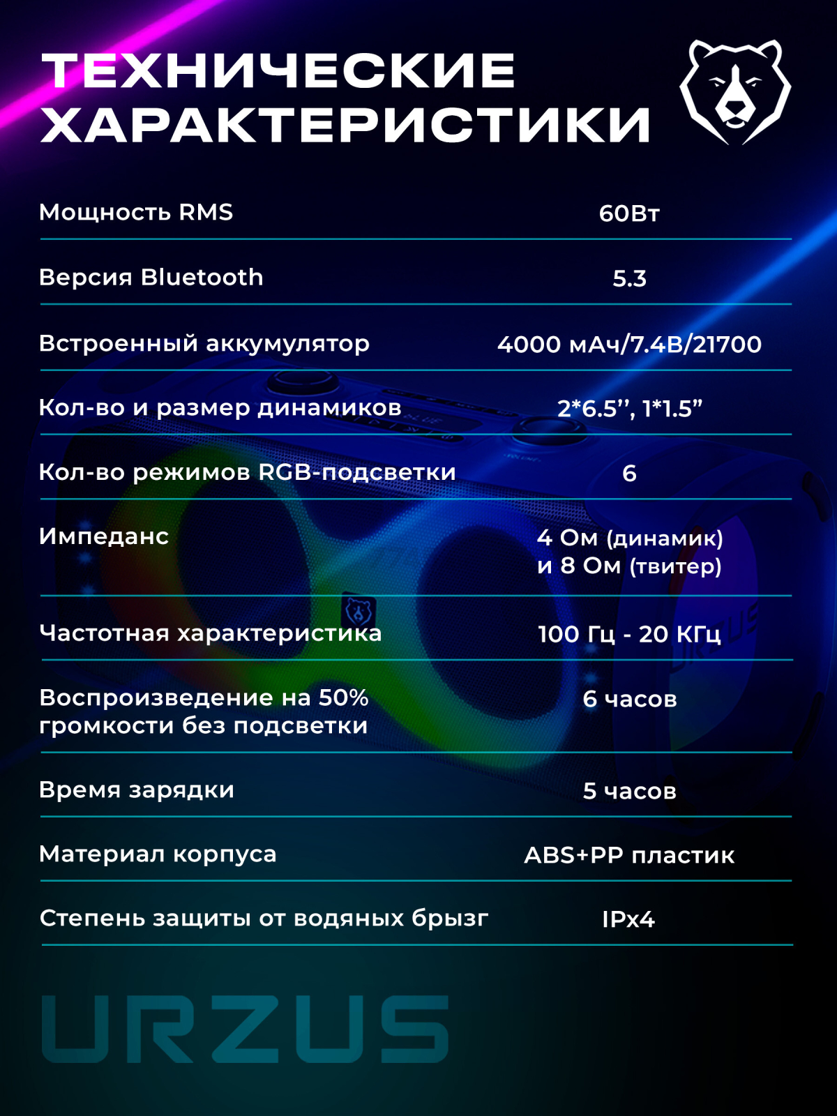 Портативная колонка URZUS Infinity UR-541116 - Фото 8