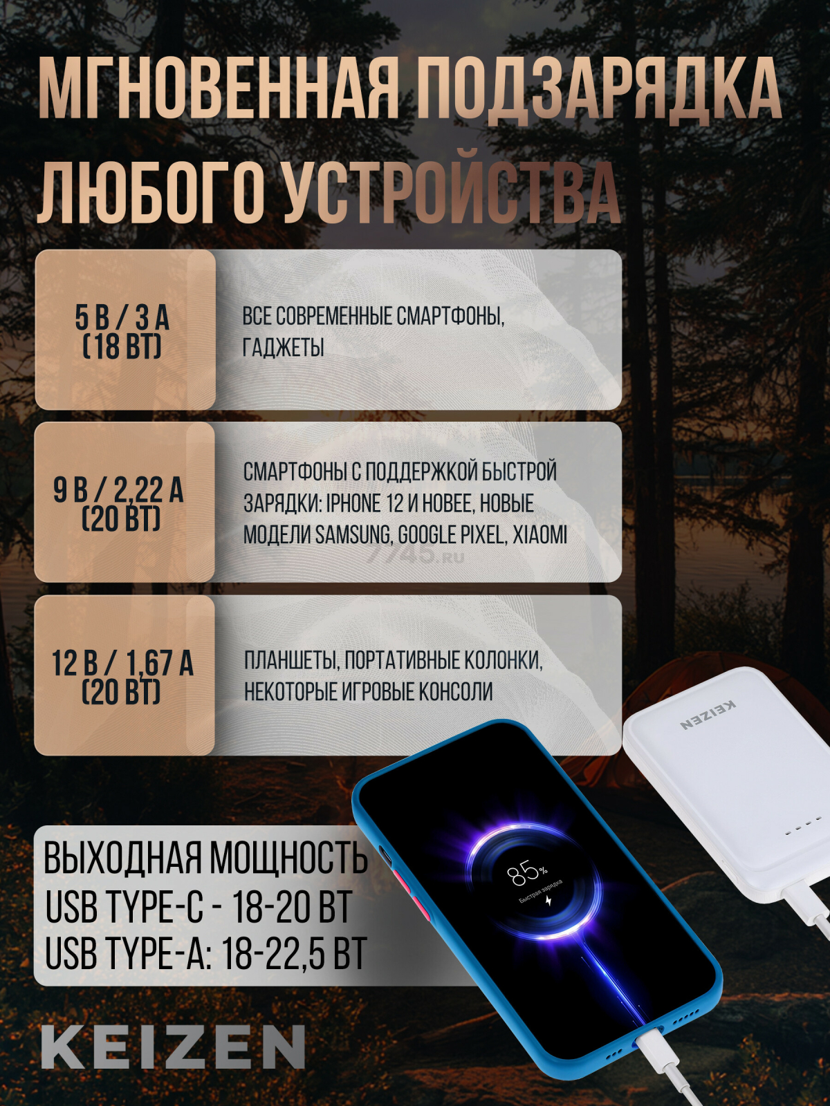 Power Bank KEIZEN 5000 mAh белый (KZ-20130101) - Фото 3