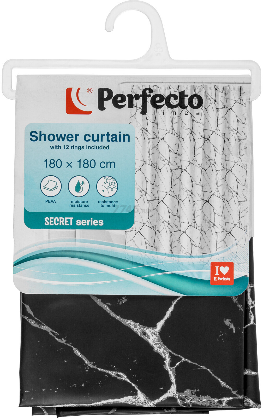 Штора для ванной комнаты 180х180 с кольцами PERFECTO LINEA Secret черный мрамор (36-118202) - Фото 3