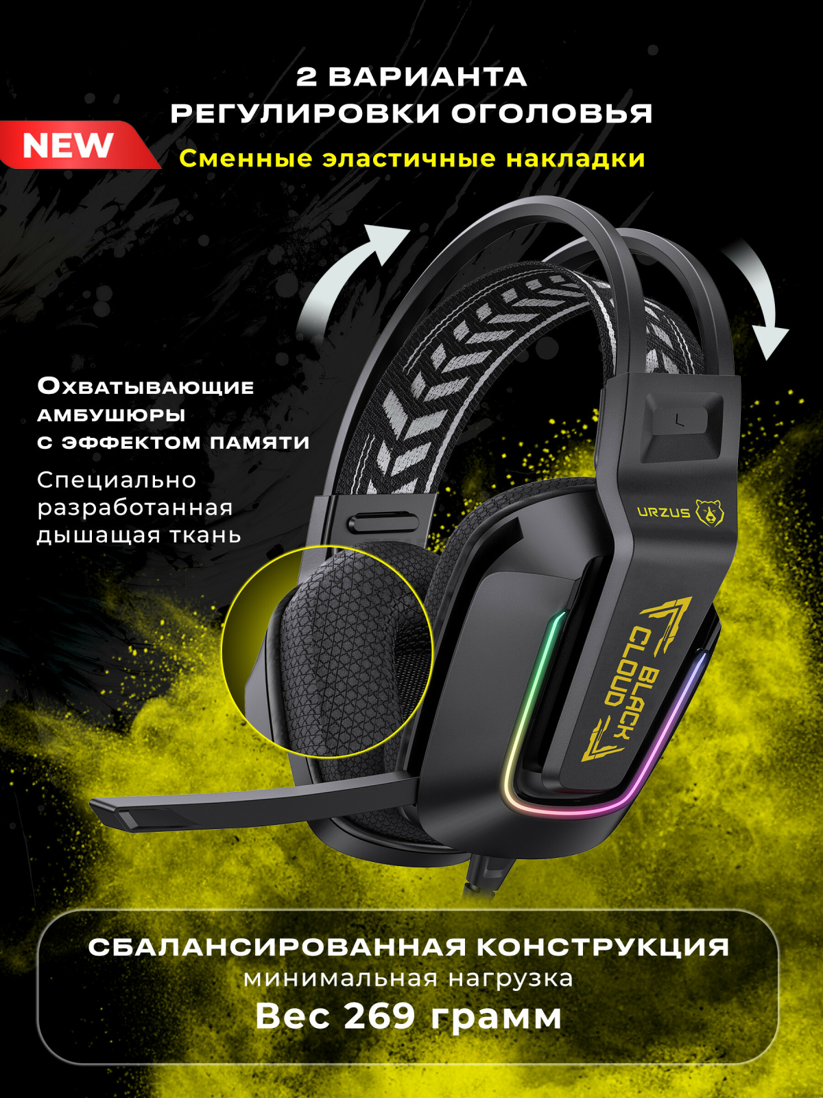 Наушники-гарнитура игровые URZUS Black Cloud (UR-5524114) - Фото 2