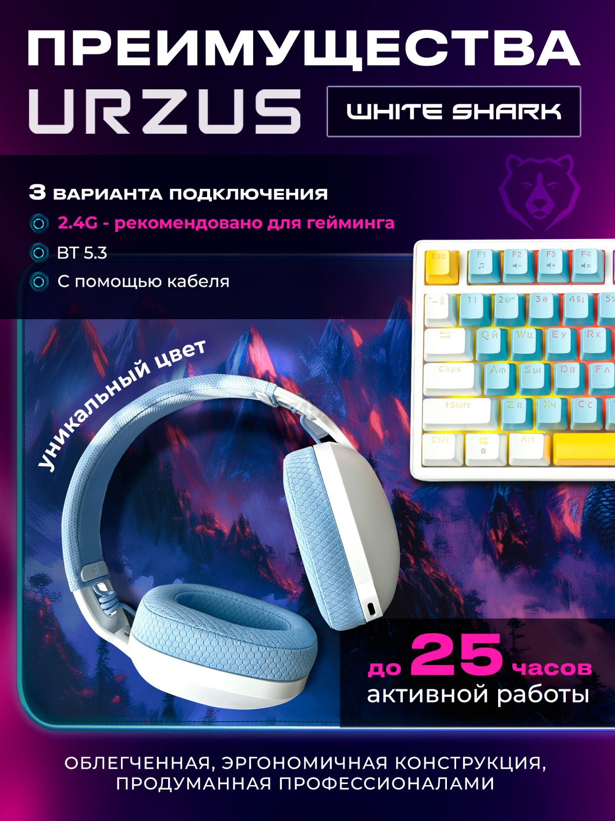 Наушники-гарнитура игровые беспроводные URZUS White Shark (UR-5524119) - Фото 5
