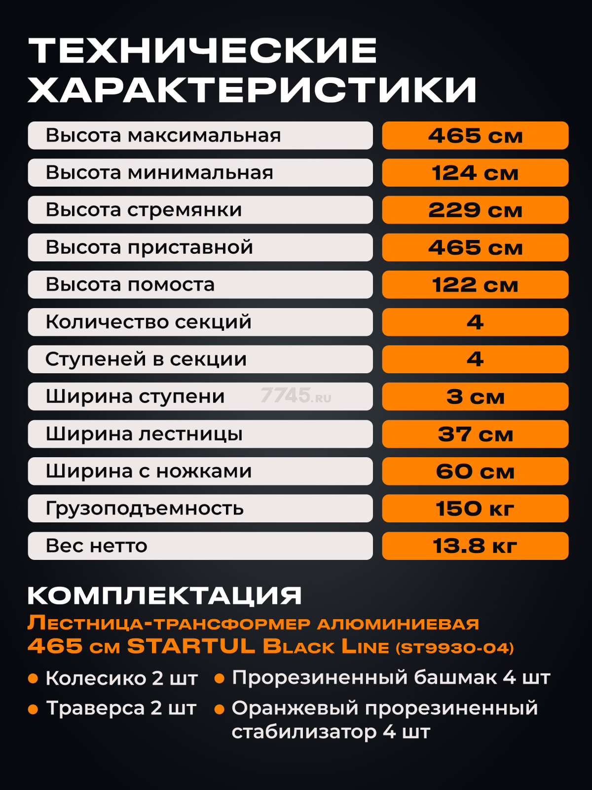 Лестница-трансформер алюминиевая 465 см STARTUL Black Line (ST9930-04) - Фото 6