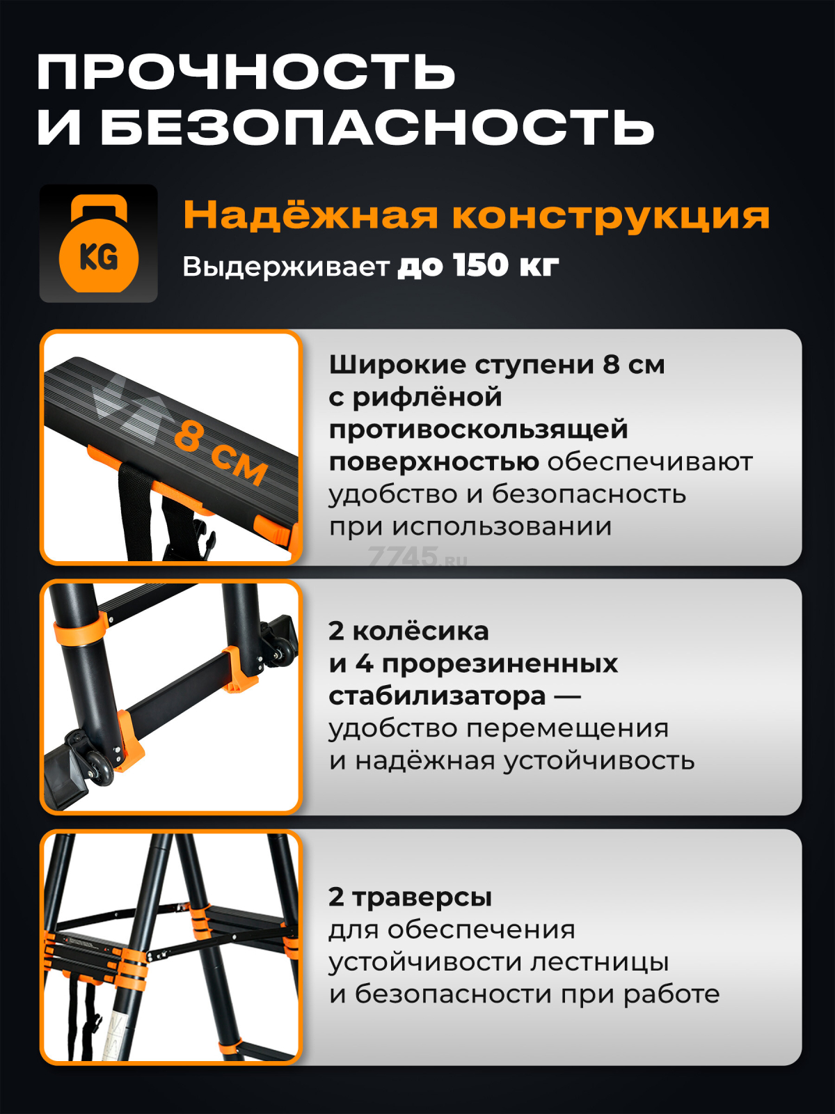 Лестница телескопическая алюминиевая двухсекционная 820 см 28,8 кг STARTUL Black Line (ST9932-082) - Фото 3