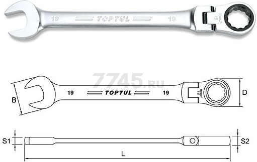 Ключ комбинированный 19 мм с поворотной трещоткой TOPTUL (AOAH1919)