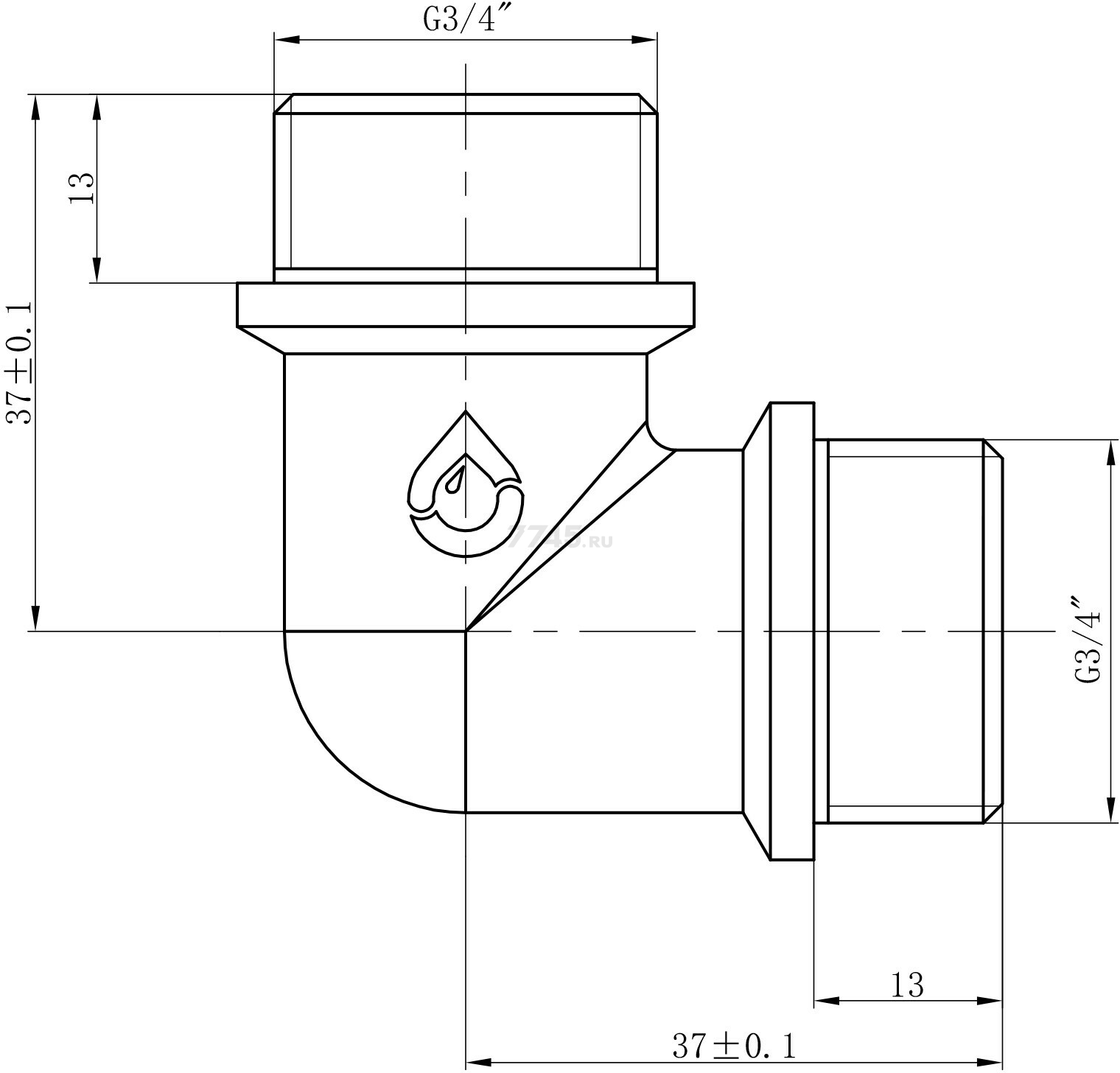 Угольник латунный 3/4" с наружной резьбой с ограничителем AV ENGINEERING (AVE307010) - Фото 2