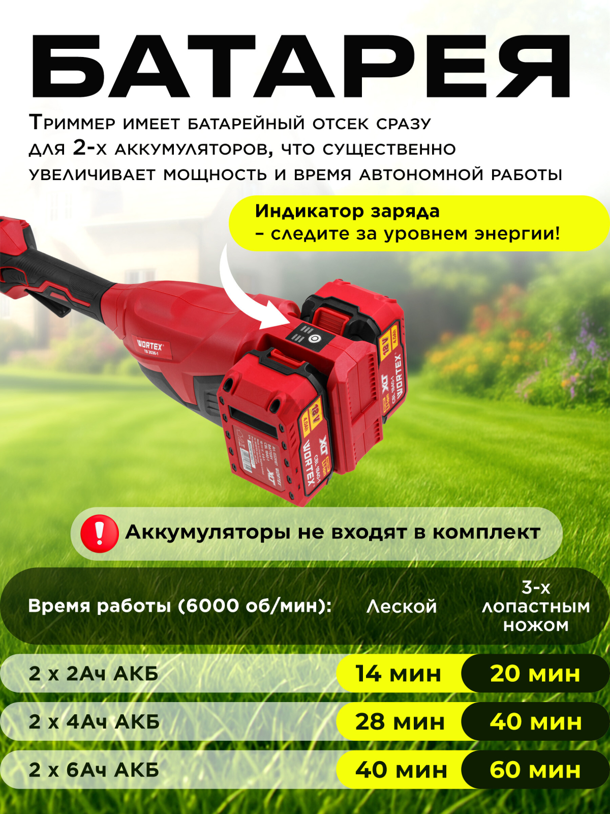 Триммер аккумуляторный WORTEX TB 3036-1 ALL1 XLT SOLO (1334871) - Фото 3