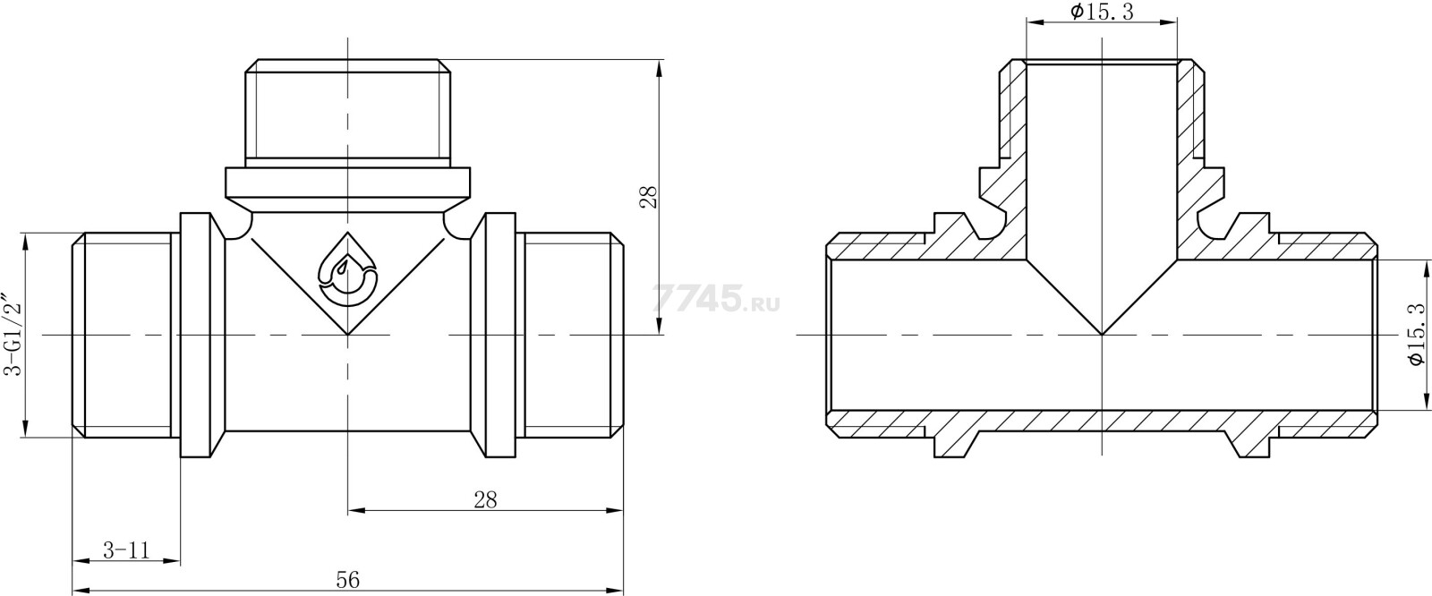 Тройник латунный 1/2" с наружной резьбой с ограничителем AV ENGINEERING (AVE306011) - Фото 2