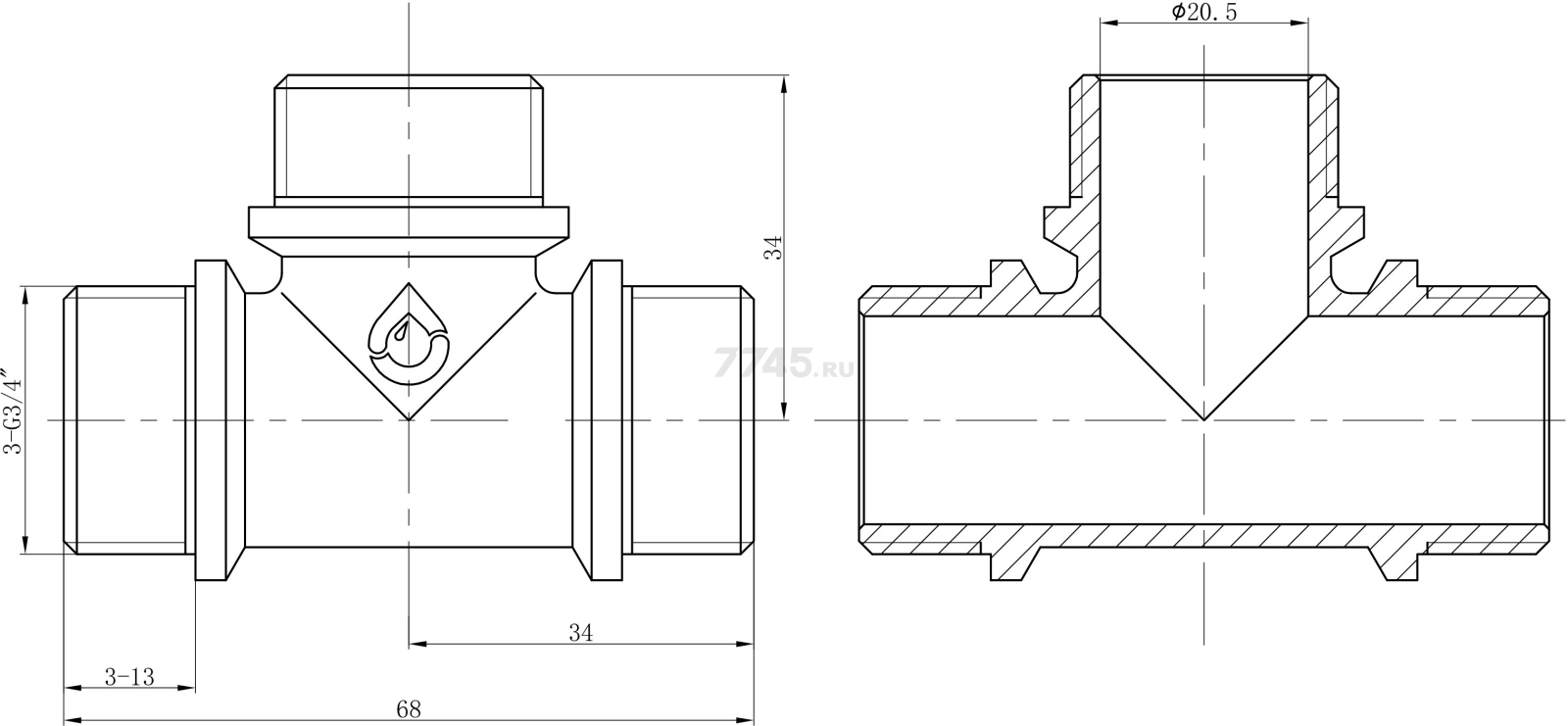 Тройник латунный 3/4" с наружной резьбой с ограничителем AV ENGINEERING (AVE306012) - Фото 2