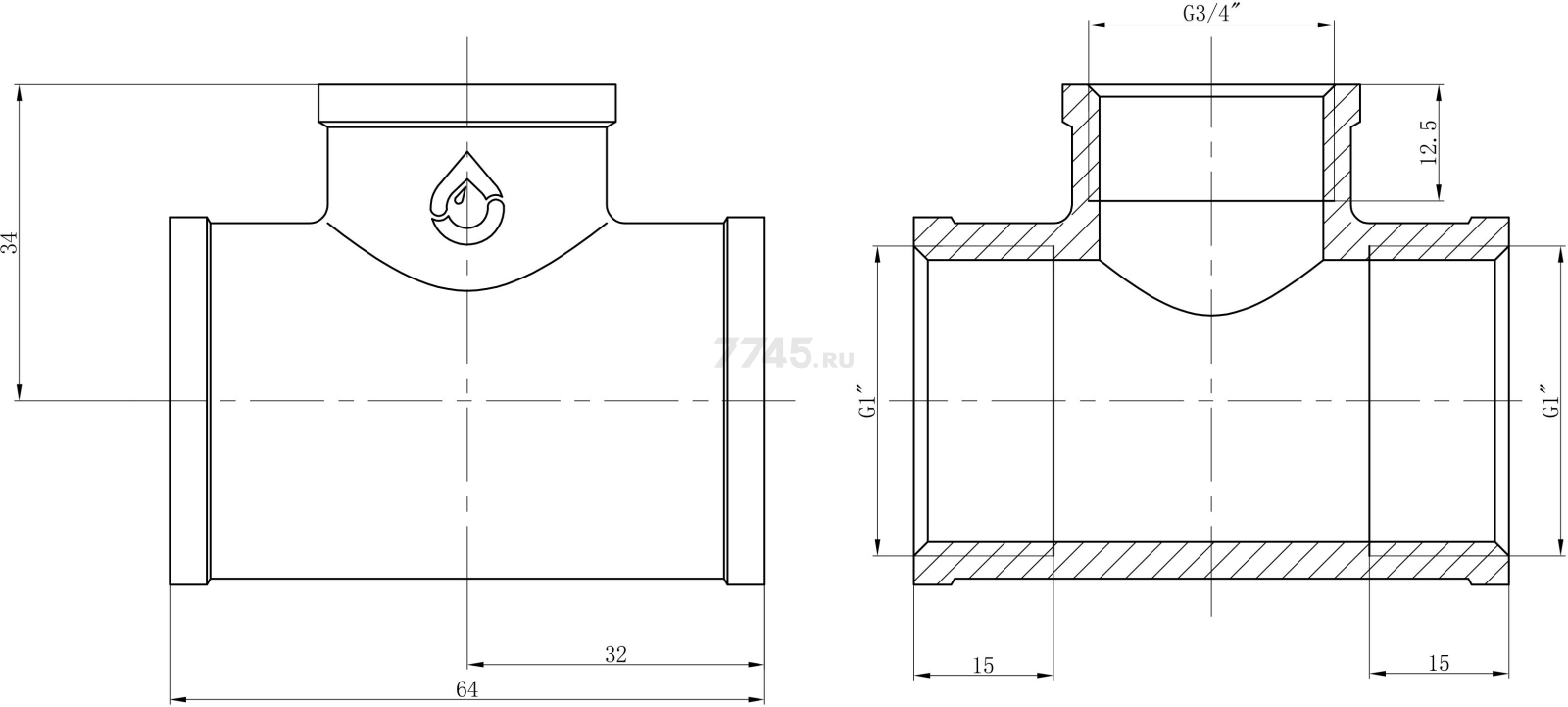 Тройник латунный редукционный 1"х3/4"х1" с внутренней резьбой AV ENGINEERING (AVE306014) - Фото 2