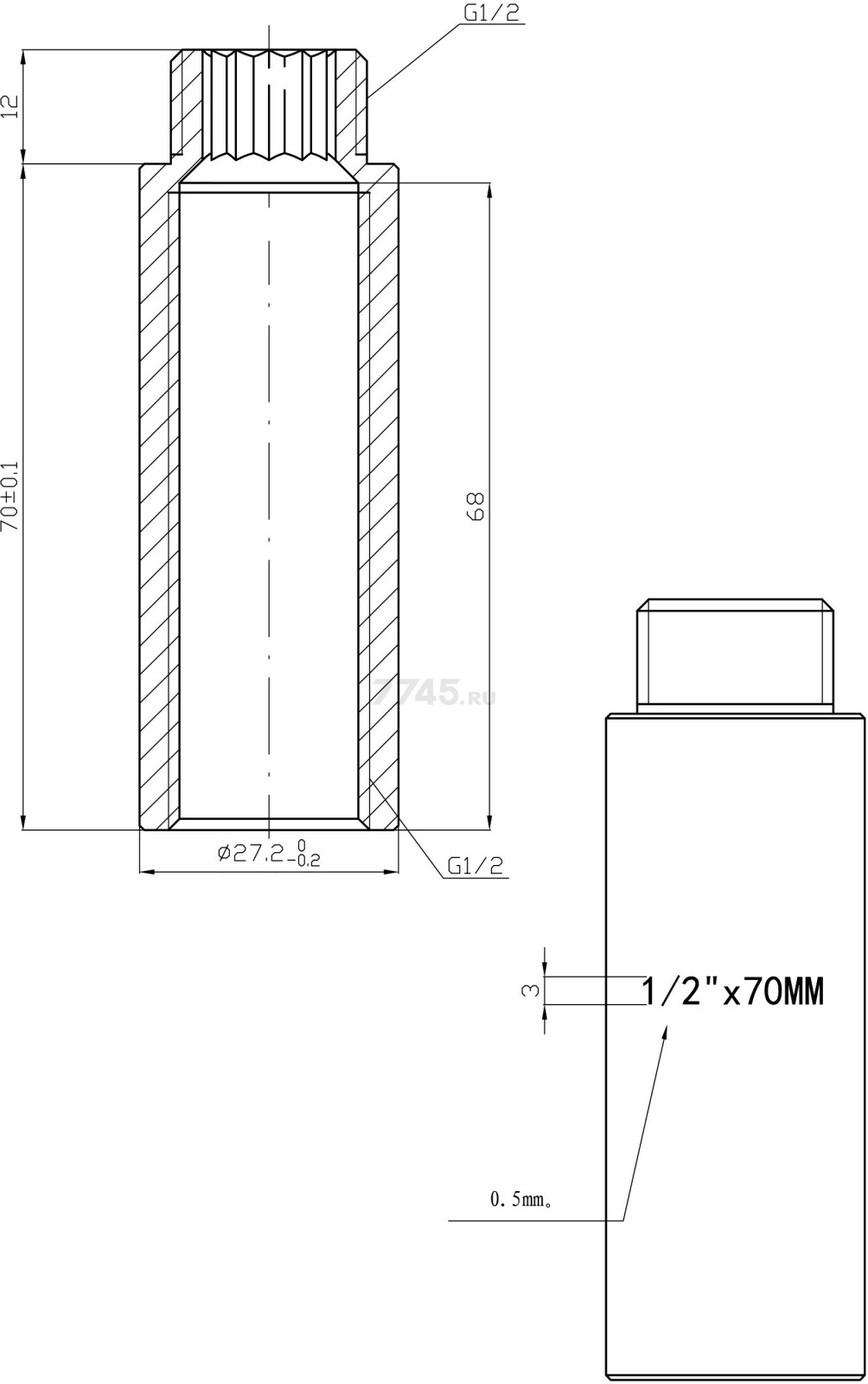 Удлинитель латунный внутренняя-наружная 1/2"х70 мм усиленный AV ENGINEERING хром (AVE301021) - Фото 2