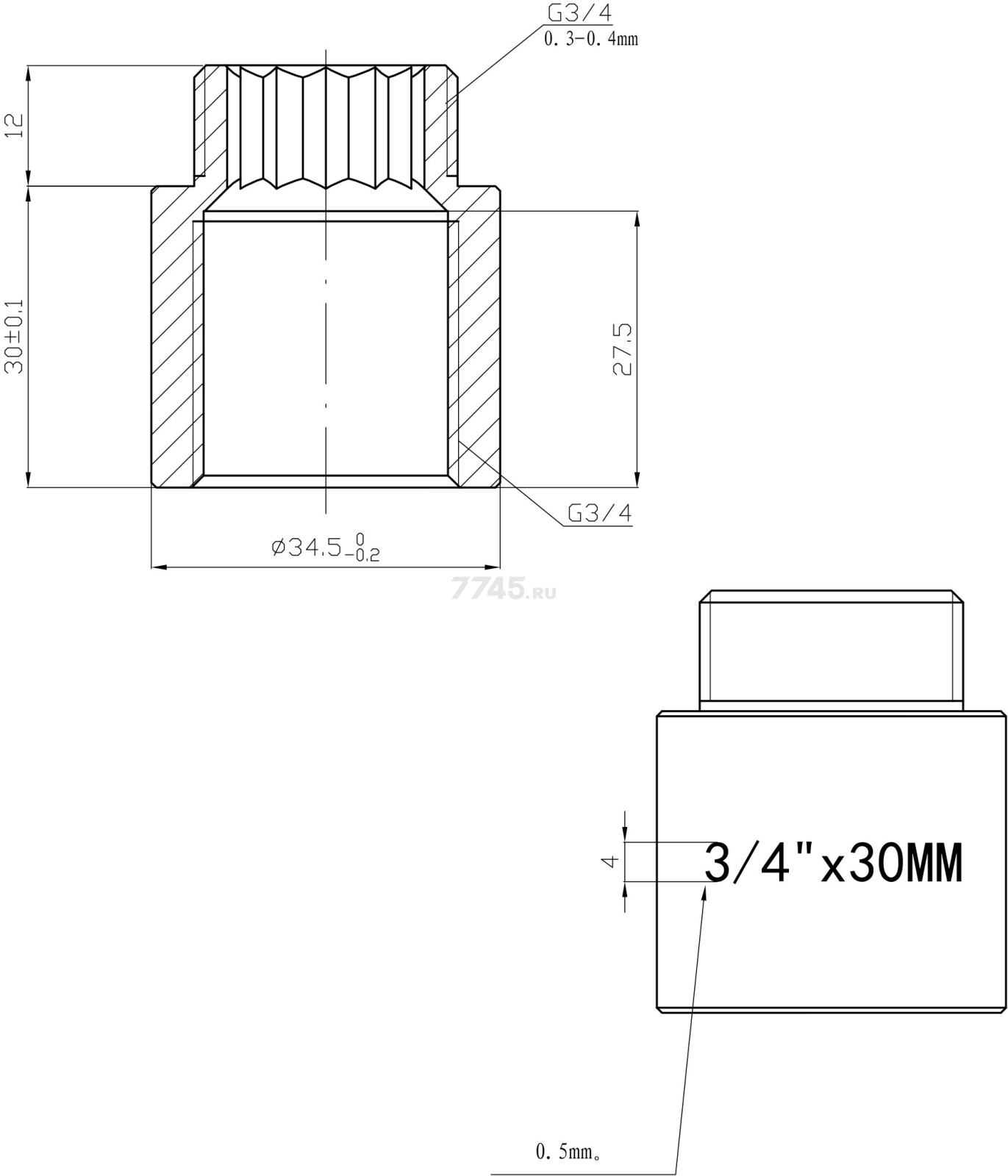 Удлинитель латунный внутренняя-наружная 3/4"х30 мм усиленный AV ENGINEERING хром (AVE301045) - Фото 2