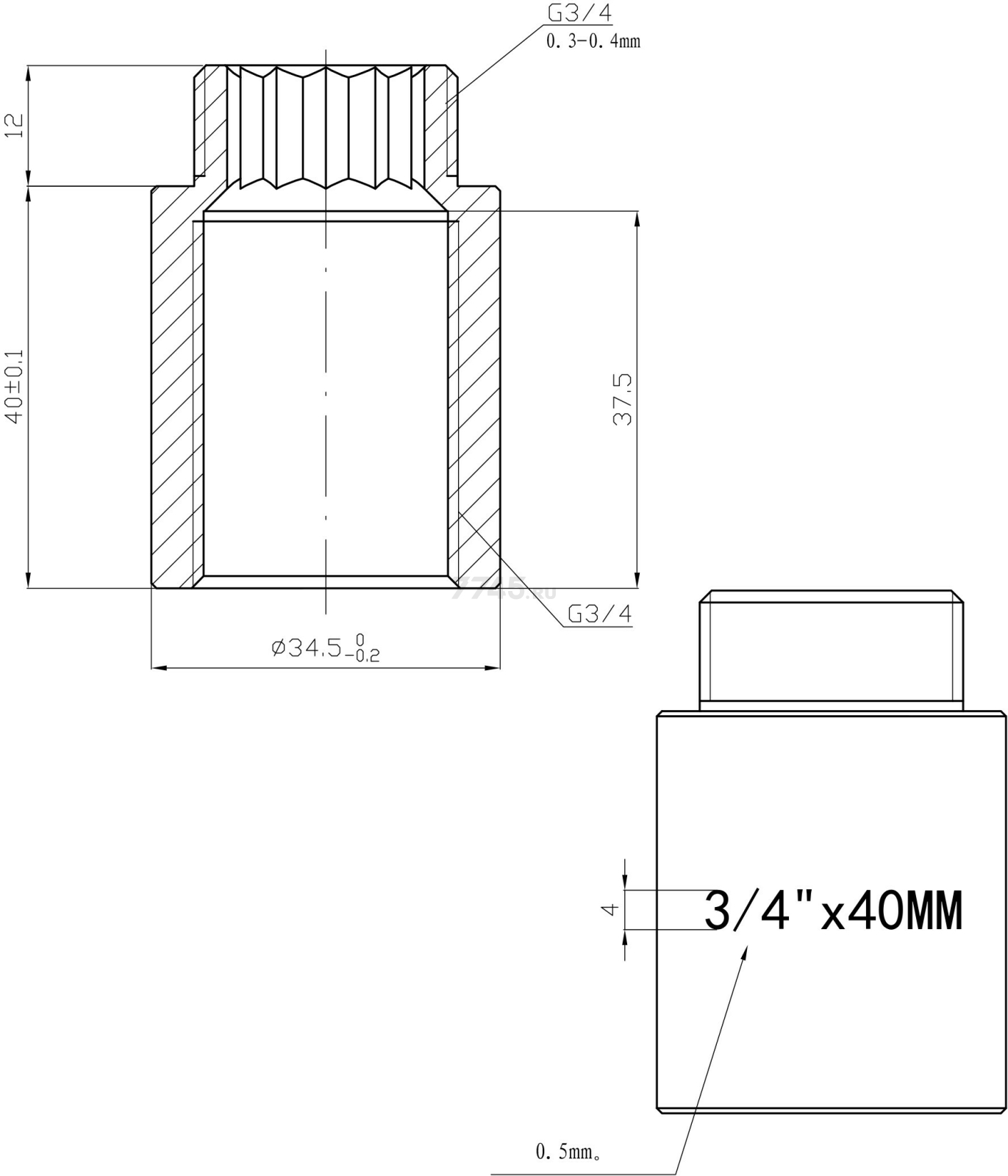 Удлинитель латунный внутренняя-наружная 3/4"х40 мм AV ENGINEERING (AVE301046) - Фото 2