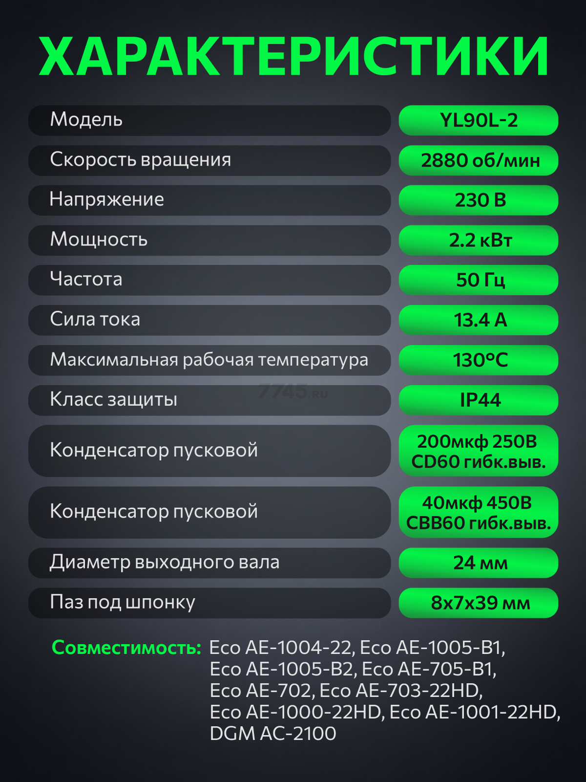 Электродвигатель для компрессора 2,2 кВт со шкивом ECO YL90L-2 (AE-1005-B1-13) - Фото 6