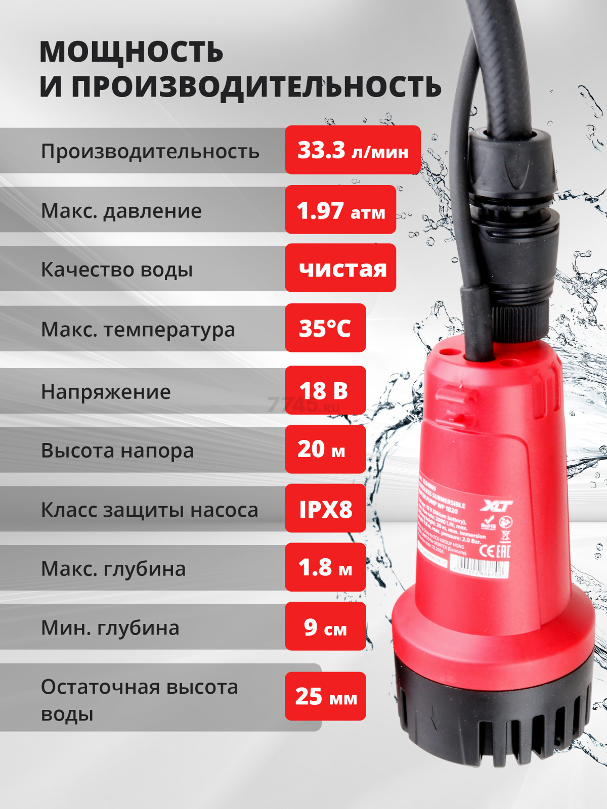 Насос дренажный аккумуляторный WORTEX WP 1820 ALL1 XLT Set (1334870) - Фото 6