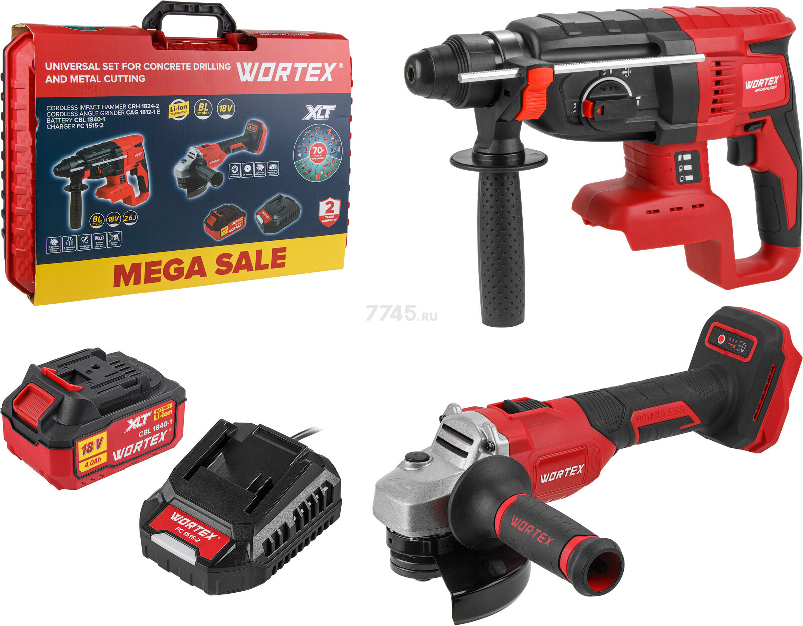 Перфоратор аккумуляторный WORTEX CRH 1824-2 XLT и Шлифмашина угловая (болгарка) WORTEX CAG 1812-1 Е ALL1 SET (1329852)