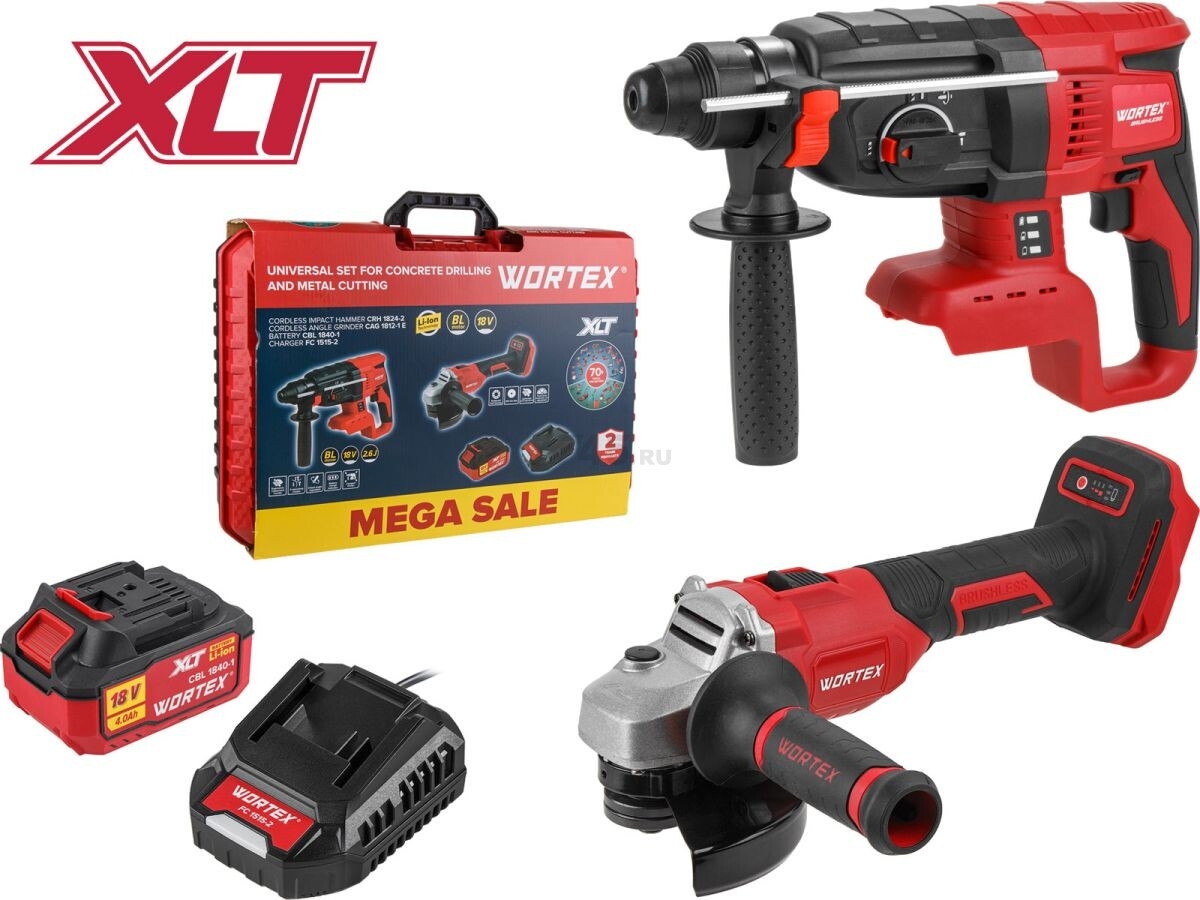 Перфоратор аккумуляторный WORTEX CRH 1824-2 XLT и Шлифмашина угловая (болгарка) WORTEX CAG 1812-1 Е ALL1 SET (1329852) - Фото 3