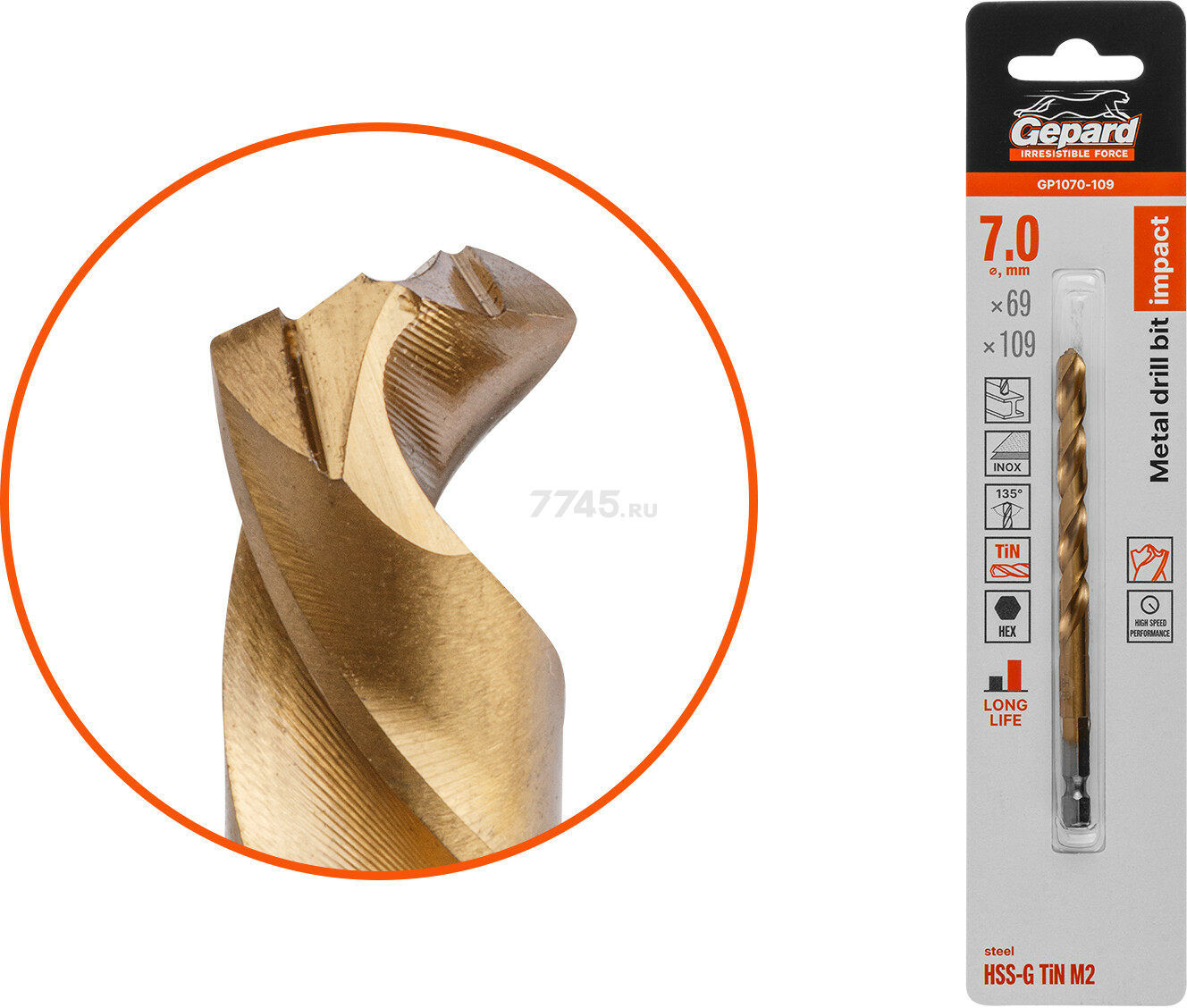 Сверло по металлу спиральное 7х69х109 мм GEPARD HSS-G TIN (GP1070-109)