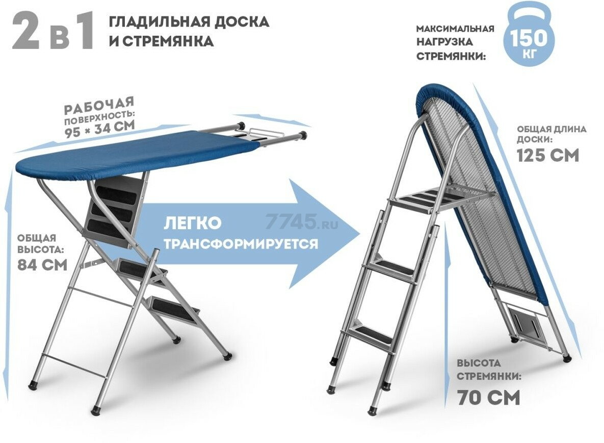 Доска гладильная-стремянка PERFECTO LINEA Ruby 1 125х34 см синий (42-142303) - Фото 2