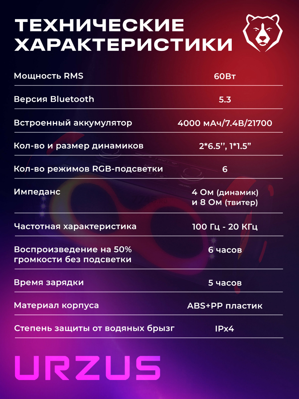 Портативная колонка URZUS Infinity UR-541118 - Фото 9