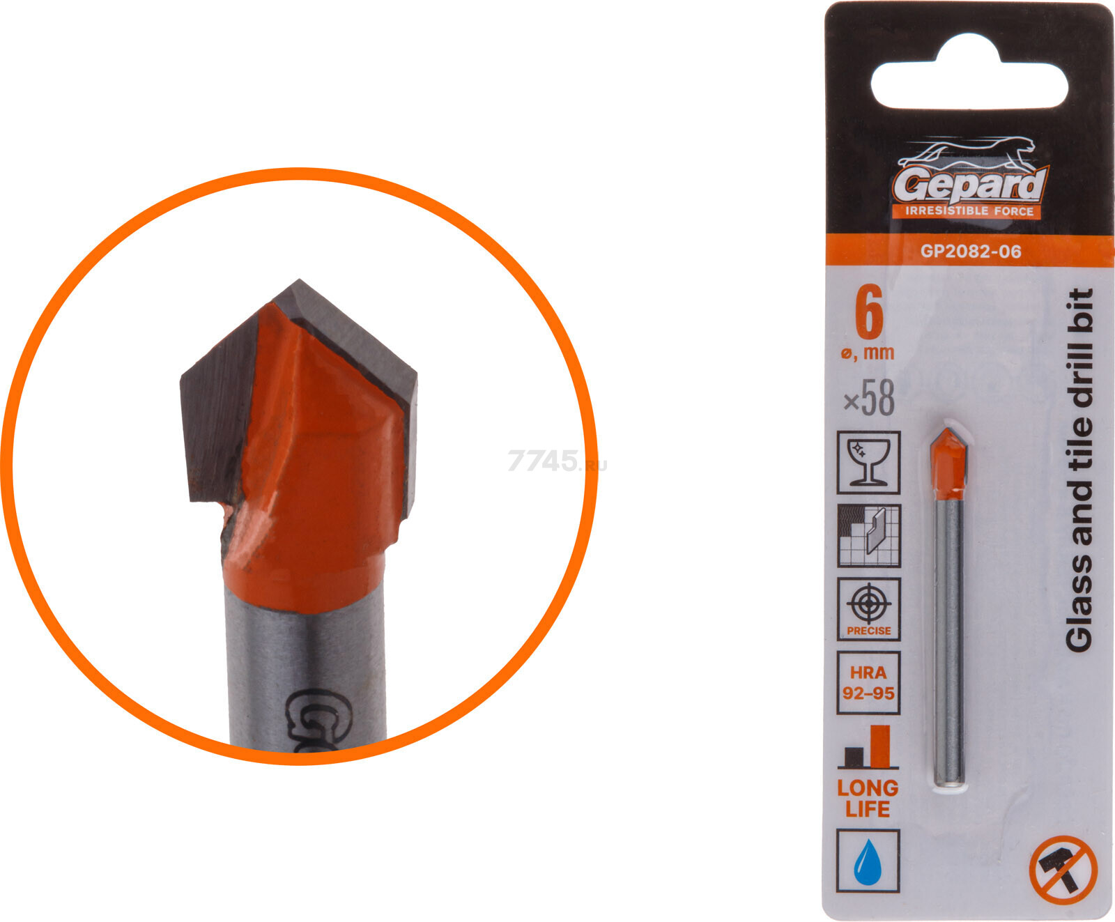 Сверло по стеклу и плитке твердосплавное копьевидное 6x58 мм GEPARD (GP2082-06)