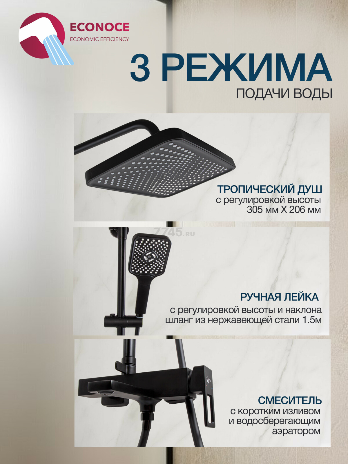 Душевая стойка ECONOCE серия 810 черный (EC0812BL) - Фото 2