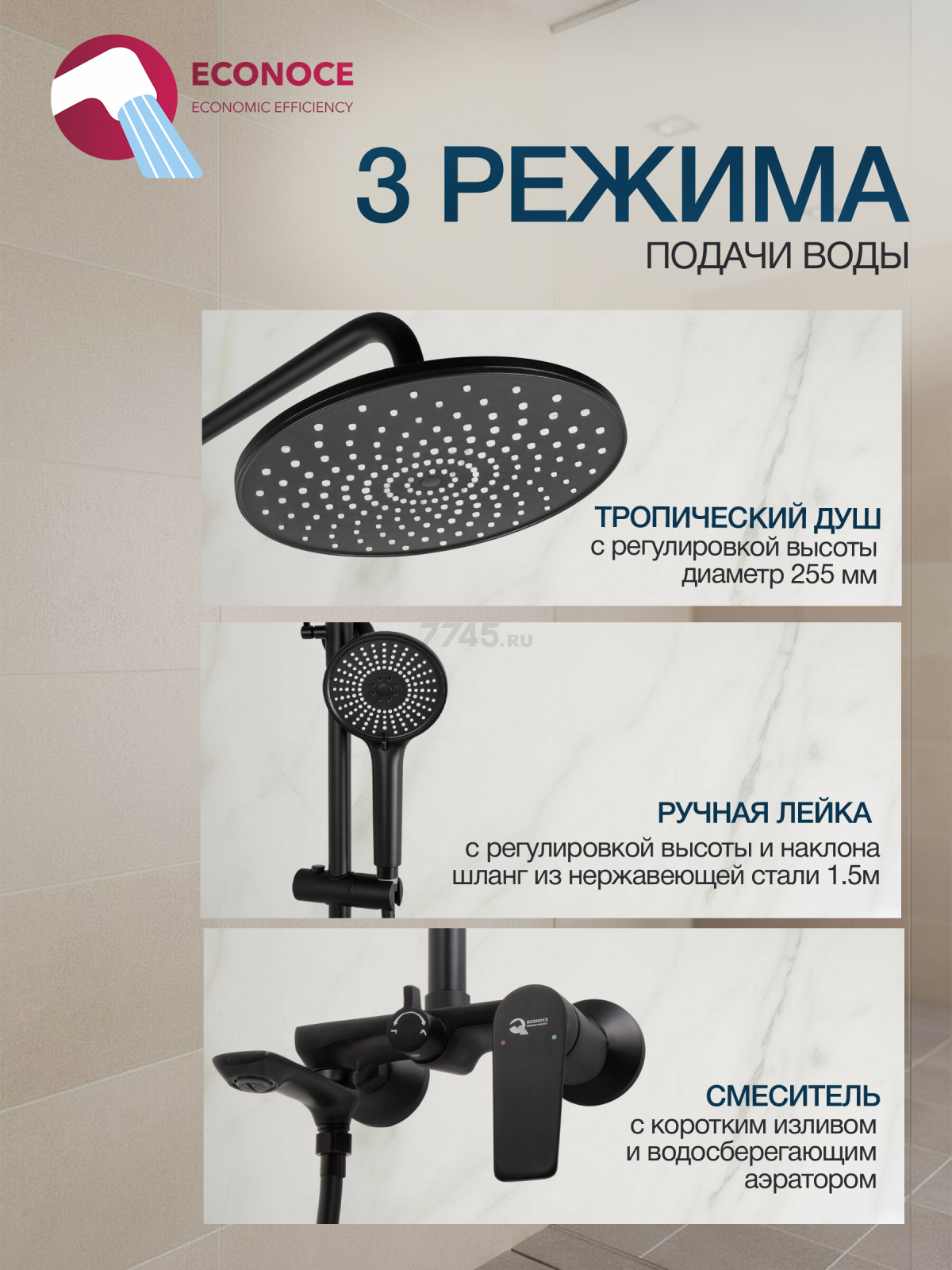 Душевая стойка ECONOCE серия 800 черный (EC0802BL) - Фото 2