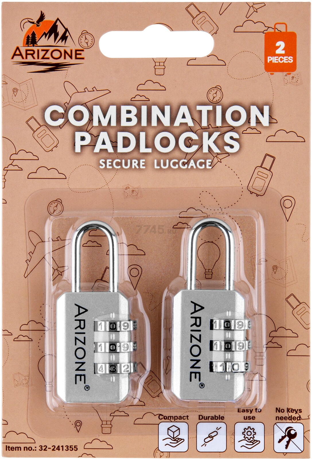 Замок навесной кодовый ARIZONE серебро 2 штуки (32-241355) - Фото 2