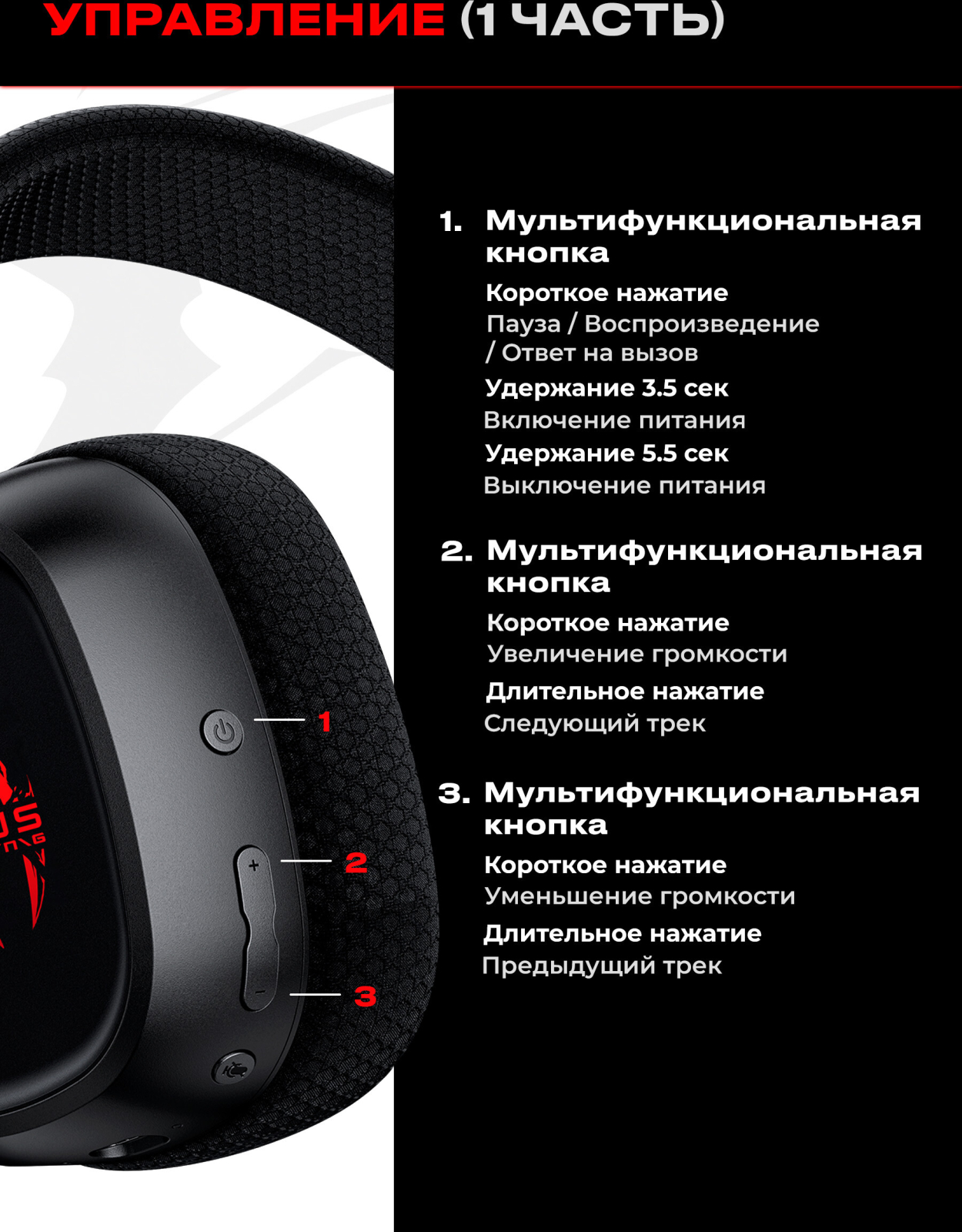 Наушники-гарнитура игровые беспроводные URZUS Tactic UR-5524125 - Фото 6