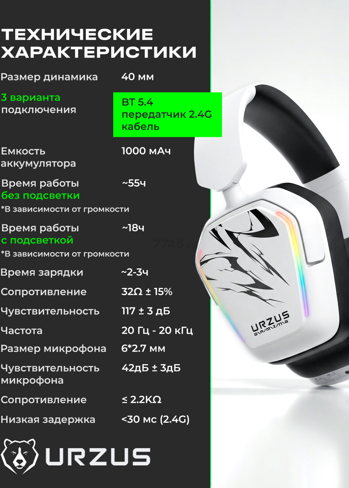 Наушники-гарнитура игровые беспроводные URZUS Invader UR-5524127 - Фото 6