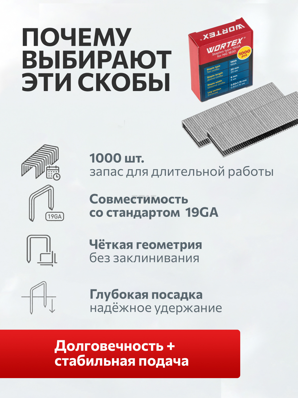 Скобы 20 мм 19GA 1000 штук WORTEX (1335959) - Фото 3