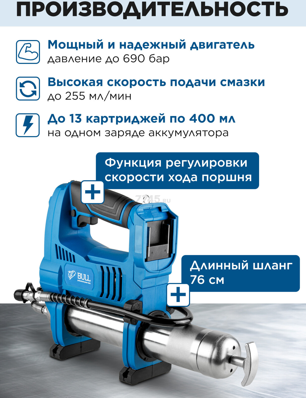 Шприц для смазки аккумуляторный BULL CGG 6818 XLTpro Solo (1325893) - Фото 2