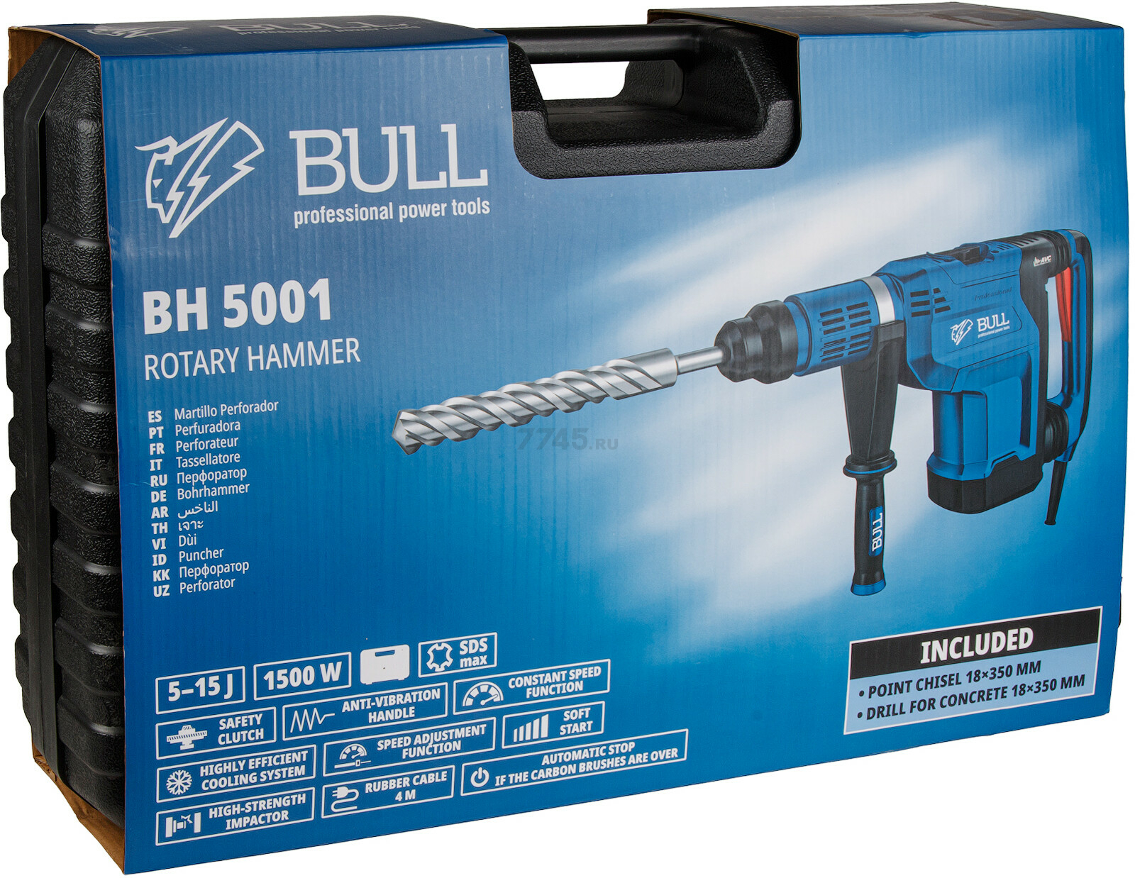 Перфоратор BULL BH 5001 в чем. 1500 Вт, 5-15 Дж, 50 мм, 2 реж. + 1 зуб., 1 сверло, SDS-max, рег. об. (1333955) - Фото 16