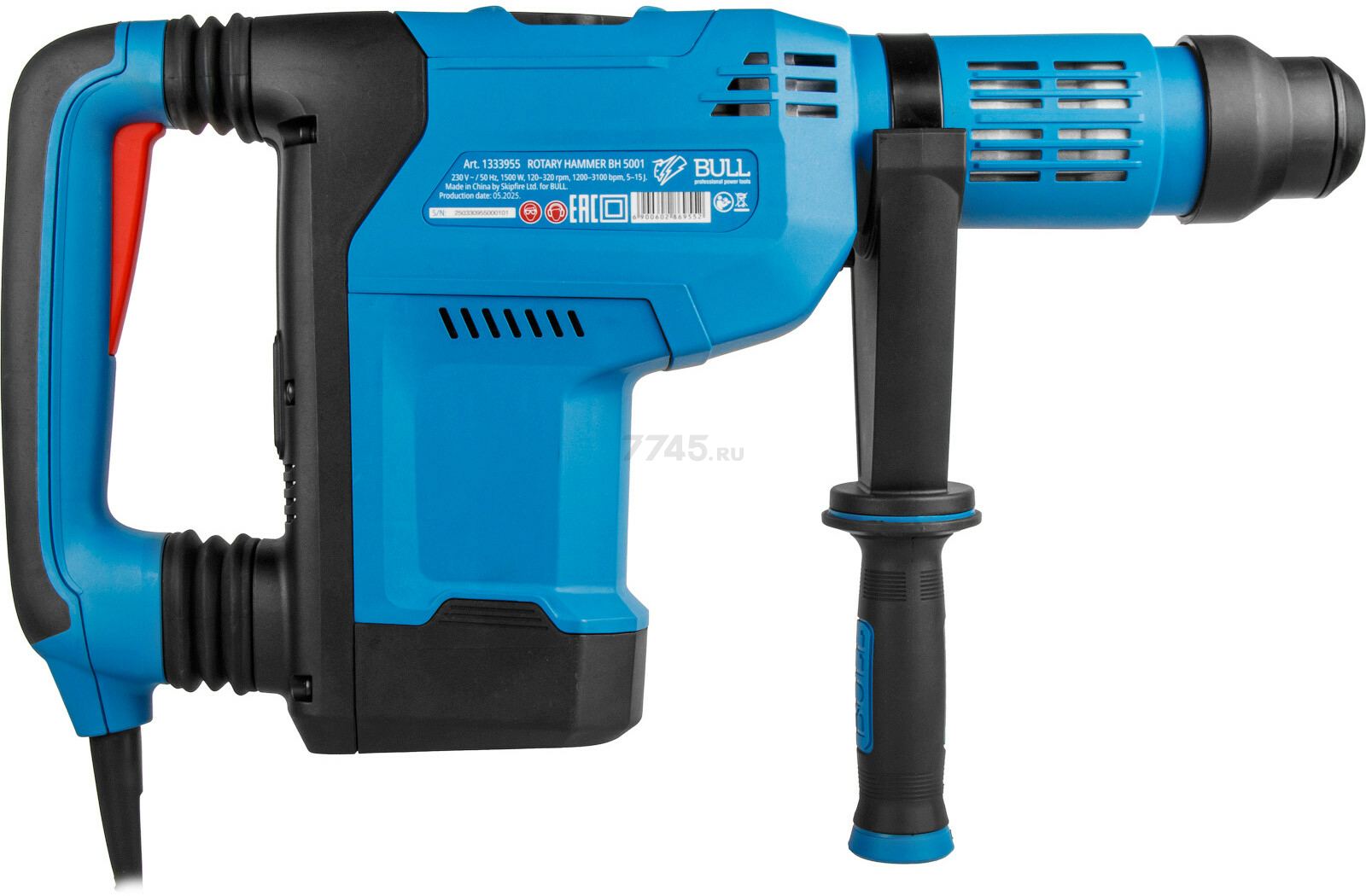 Перфоратор BULL BH 5001 в чем. 1500 Вт, 5-15 Дж, 50 мм, 2 реж. + 1 зуб., 1 сверло, SDS-max, рег. об. (1333955) - Фото 6