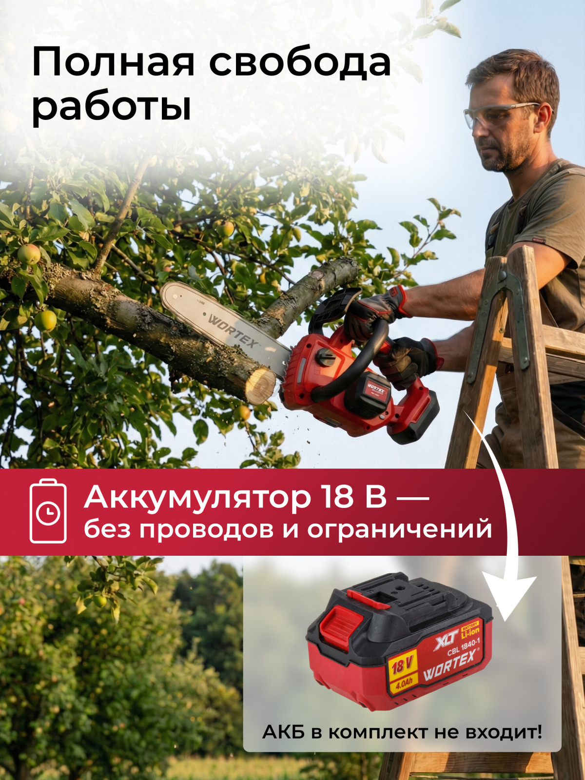 Пила цепная аккумуляторная WORTEX CEC 2518-3 ALL1 XLT SOLO (2325003) - Фото 2