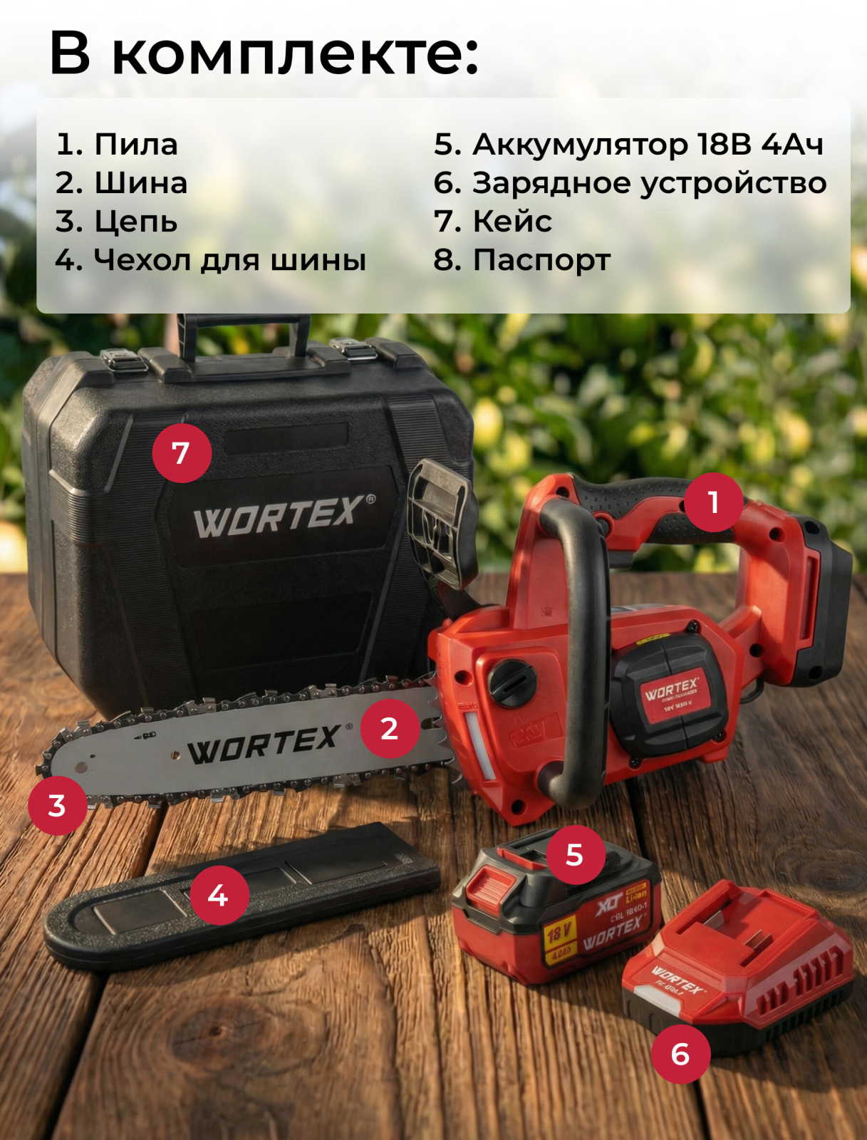 Пила цепная аккумуляторная WORTEX CEC 2518-3 ALL1 XLT SET (2325004) - Фото 15