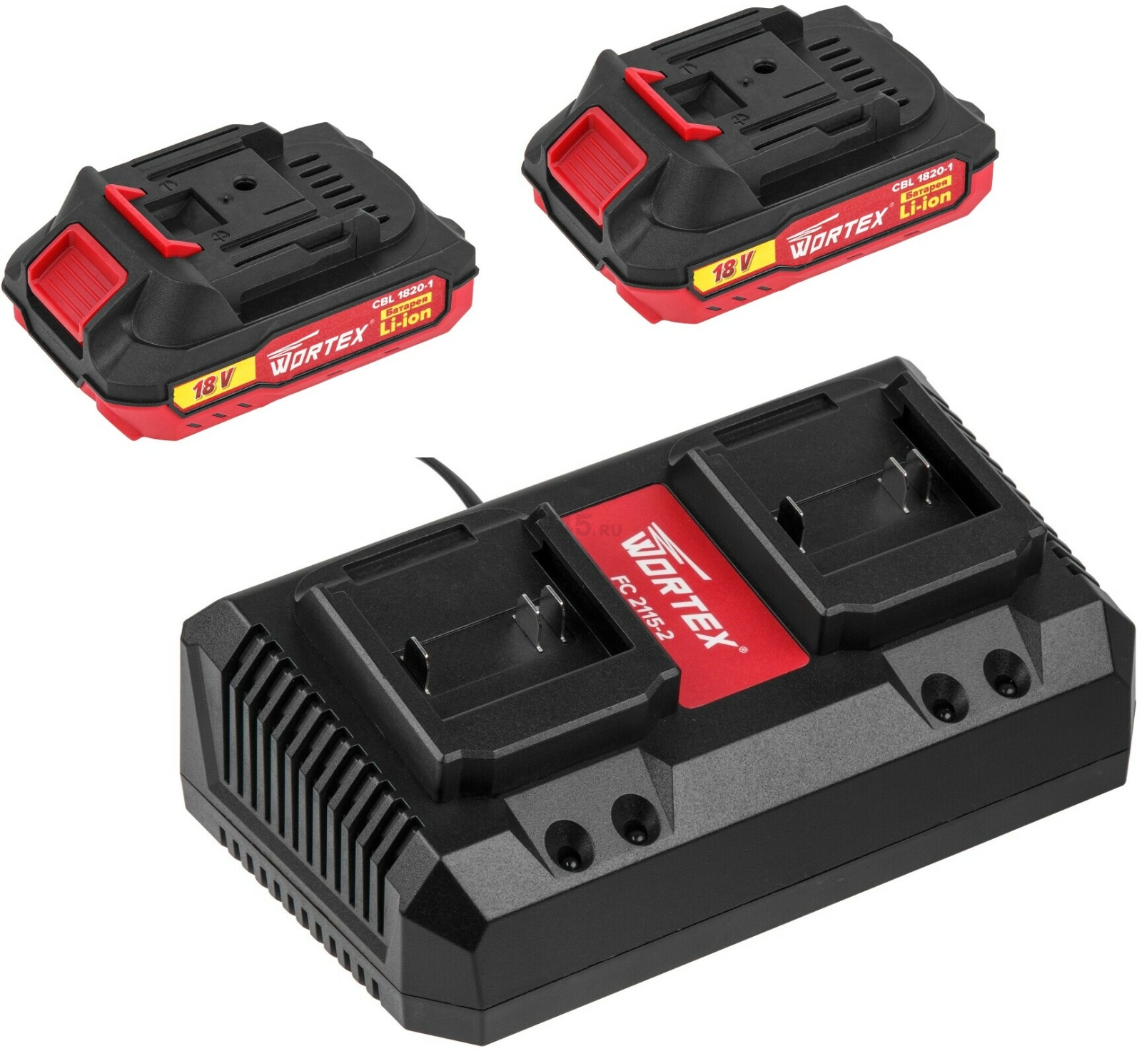 Комплект аккумулятор 18В 2Ач 2 штуки и зарядное устройство 2х2 А WORTEX ALL1 XLT SET (2329018)