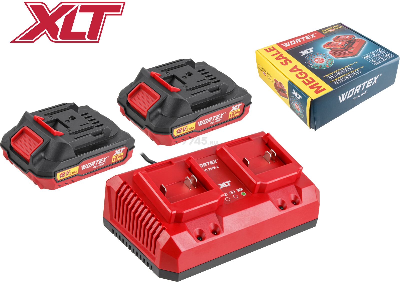 Комплект аккумулятор 18В 2Ач 2 штуки и зарядное устройство 2х2 А WORTEX ALL1 XLT SET (2329018)