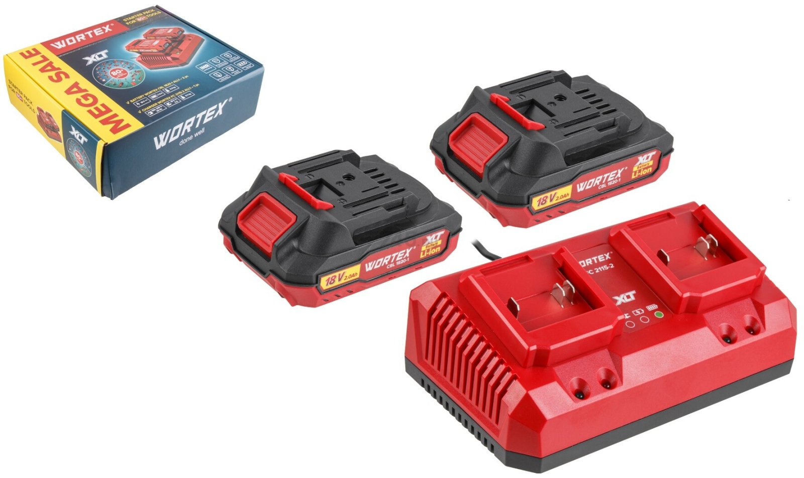 Комплект аккумулятор 18В 2Ач 2 штуки и зарядное устройство 2х2 А WORTEX ALL1 XLT SET (2329018) - Фото 2