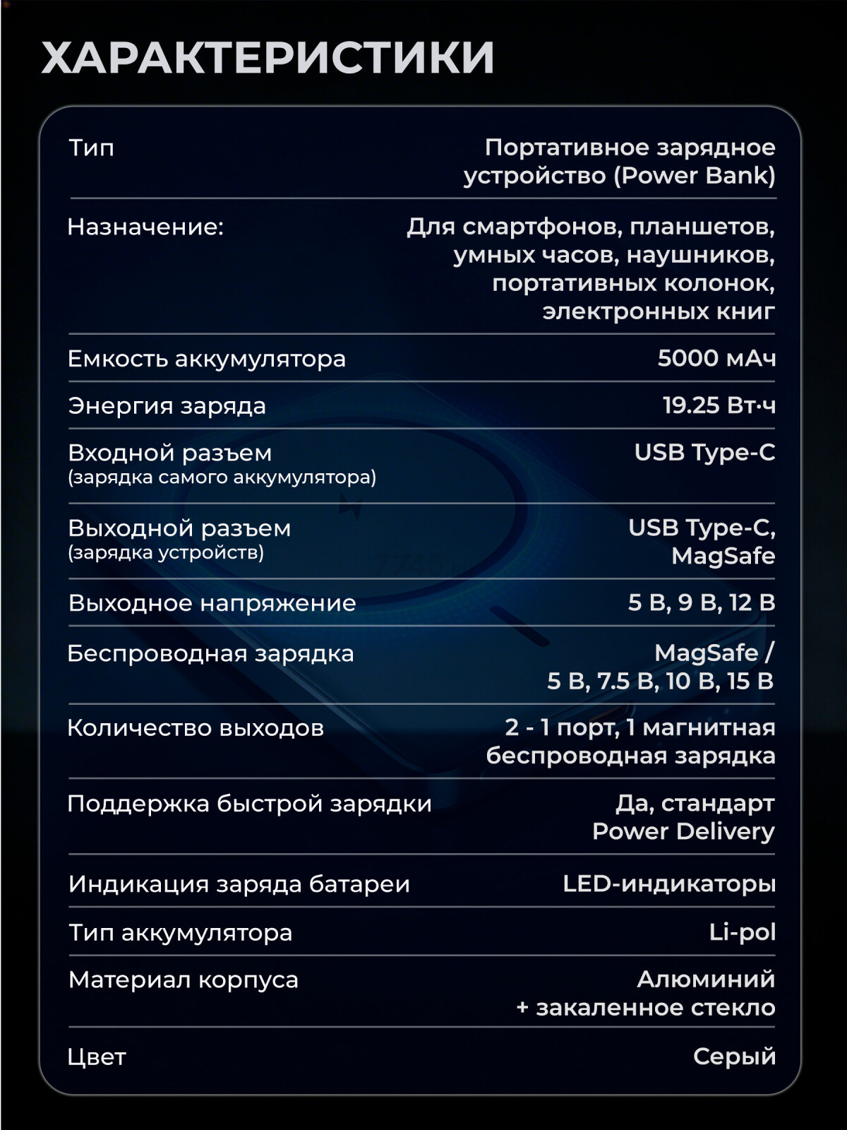 Power Bank KEIZEN 5000 mAh with MagSafe Navi Blue (KZ-20130109) - Фото 5