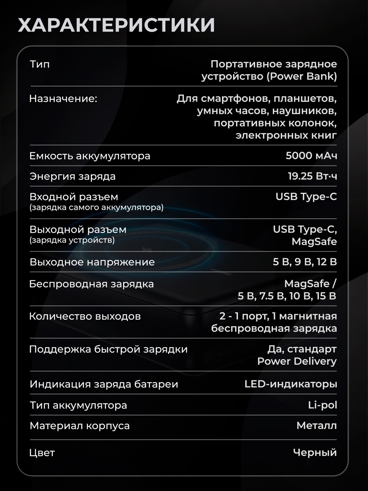 Power Bank KEIZEN 5000 mAh with MagSafe Black (KZ-20130110) - Фото 5