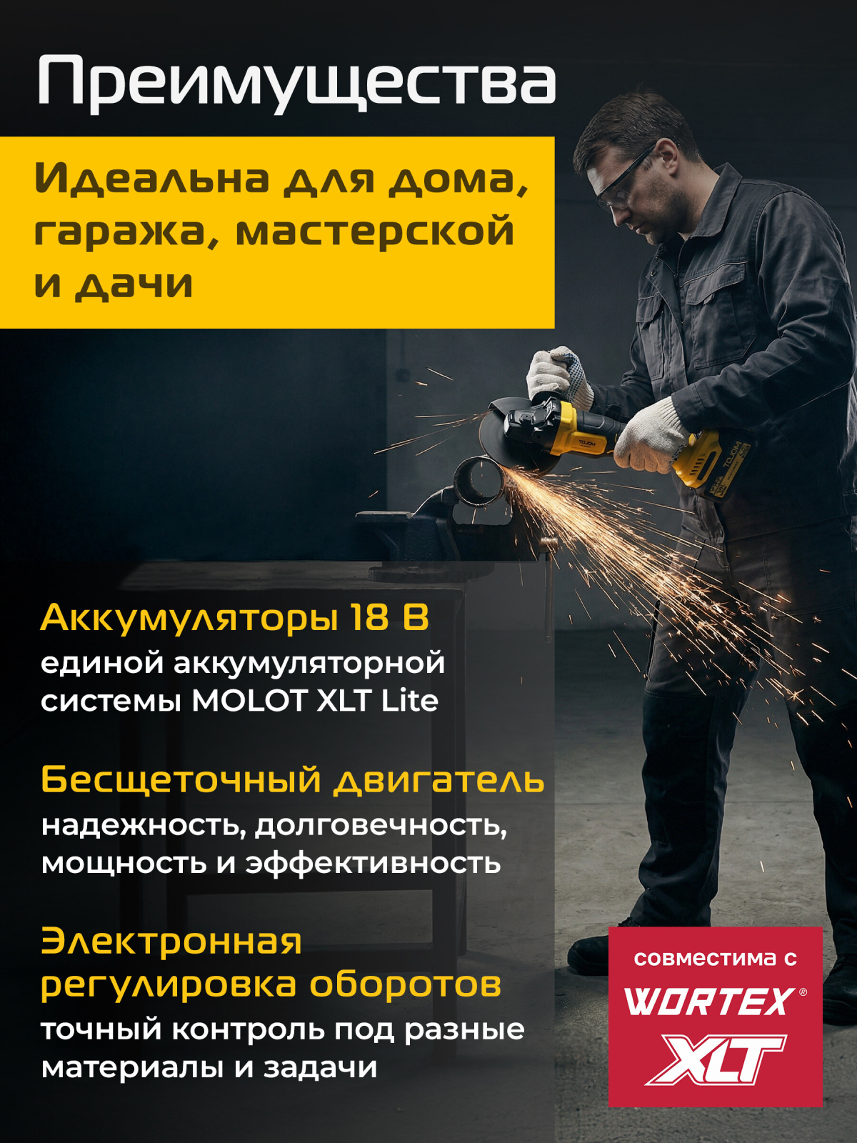 Шлифмашина угловая аккумуляторная MOLOT MCAG 1812 XLT Lite SOLO (2318031) - Фото 2