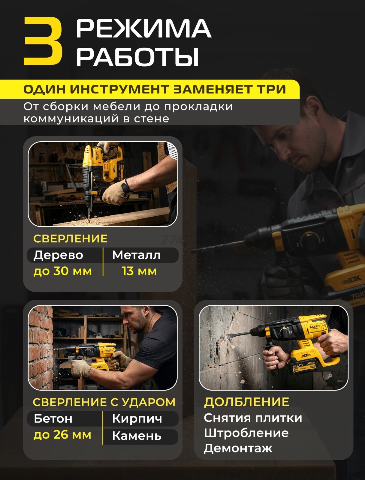 Перфоратор аккумуляторный MOLOT CRH 1814 XLT Lite SOLO (2318033) - Фото 2