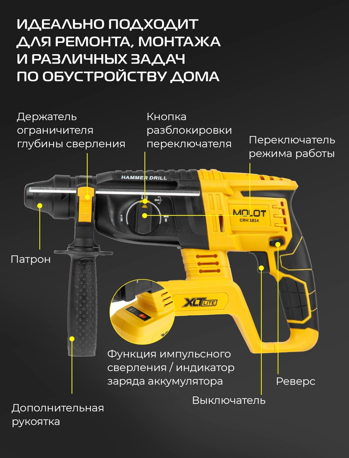 Перфоратор аккумуляторный MOLOT CRH 1814 XLT Lite SOLO (2318033) - Фото 3