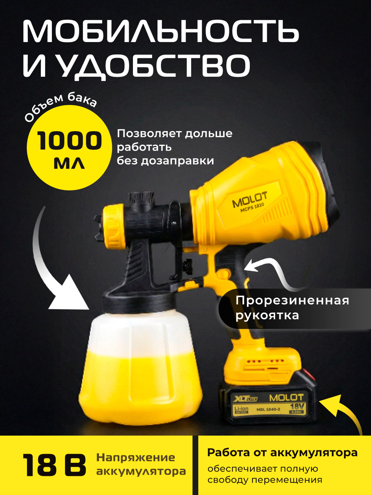 Краскораспылитель аккумуляторный MOLOT MCPS 1810 XLT Lite SET (2318036) - Фото 4