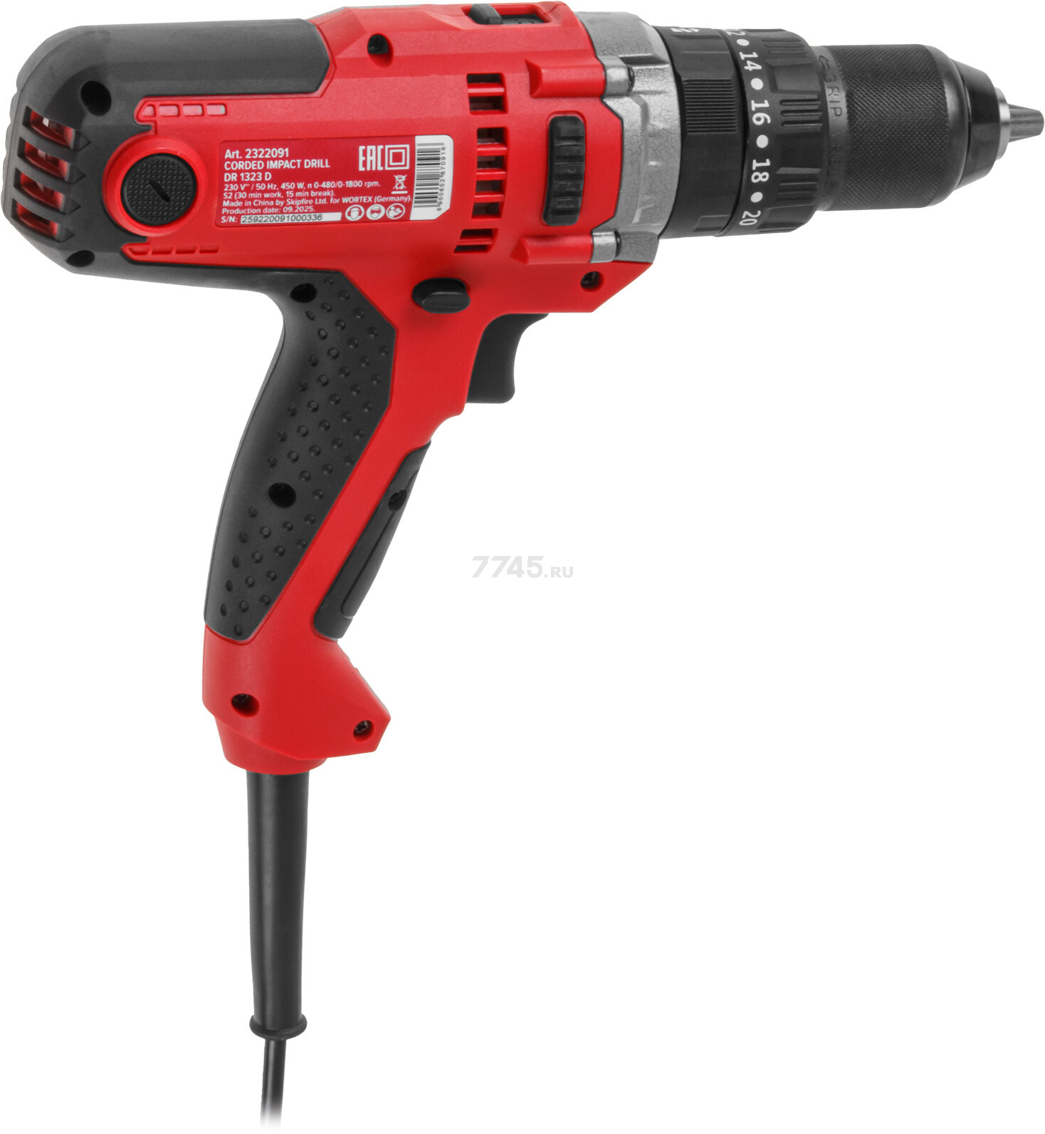 Дрель-шуруповерт сетевая ударная WORTEX DR 1323 D (2322091) - Фото 3
